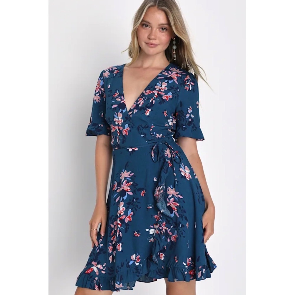 NWT Lulus Dalton Teal Blue Floral Ruffle Wrap Dress Size Large Boho MSRP $69